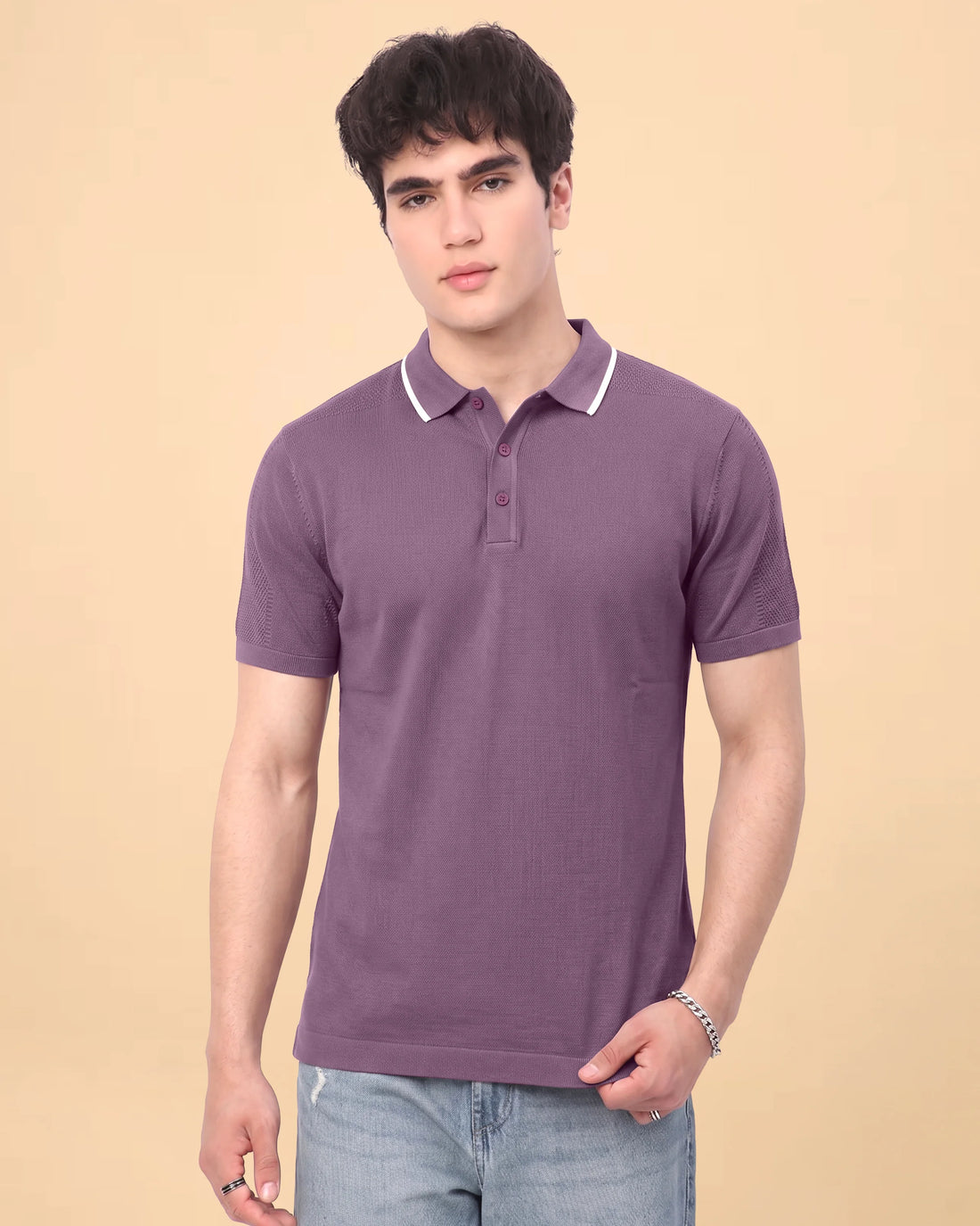 Men’s Native Bull Textured Knit Pattern Short Sleeve Polo T-Shirt - Onion Pink