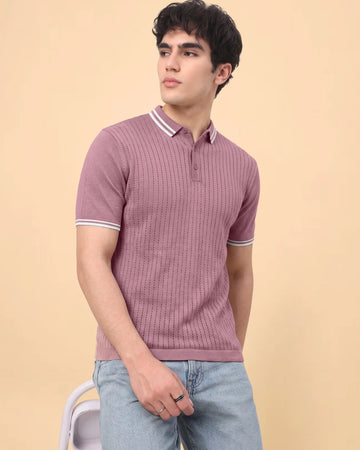 Men’s Textured Polo T-Shirt with Striped Collar and Sleeve Cuffs - Pink