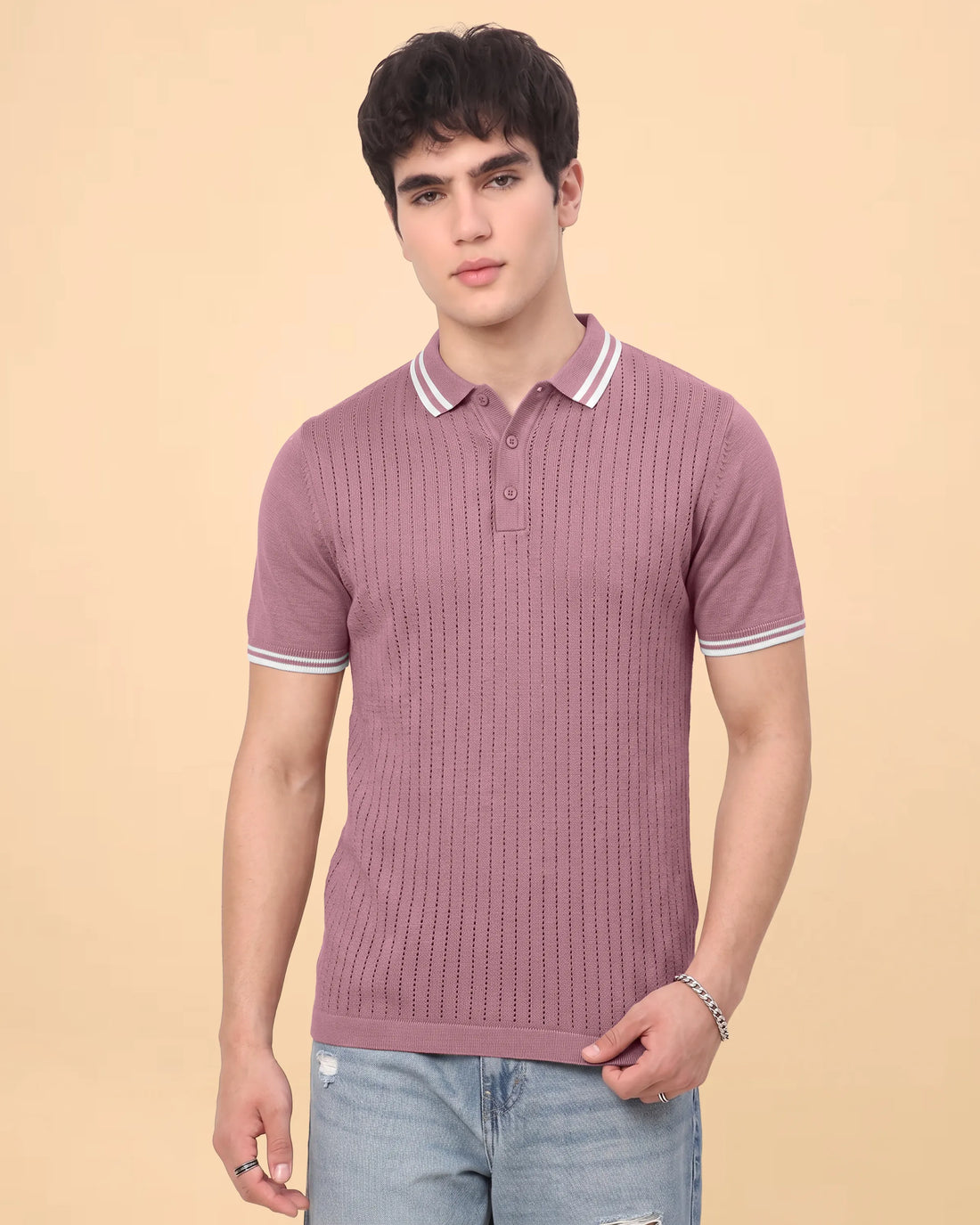 Men’s Nativebull Textured Polo T-Shirt with Striped Collar and Sleeve Cuffs - Pink