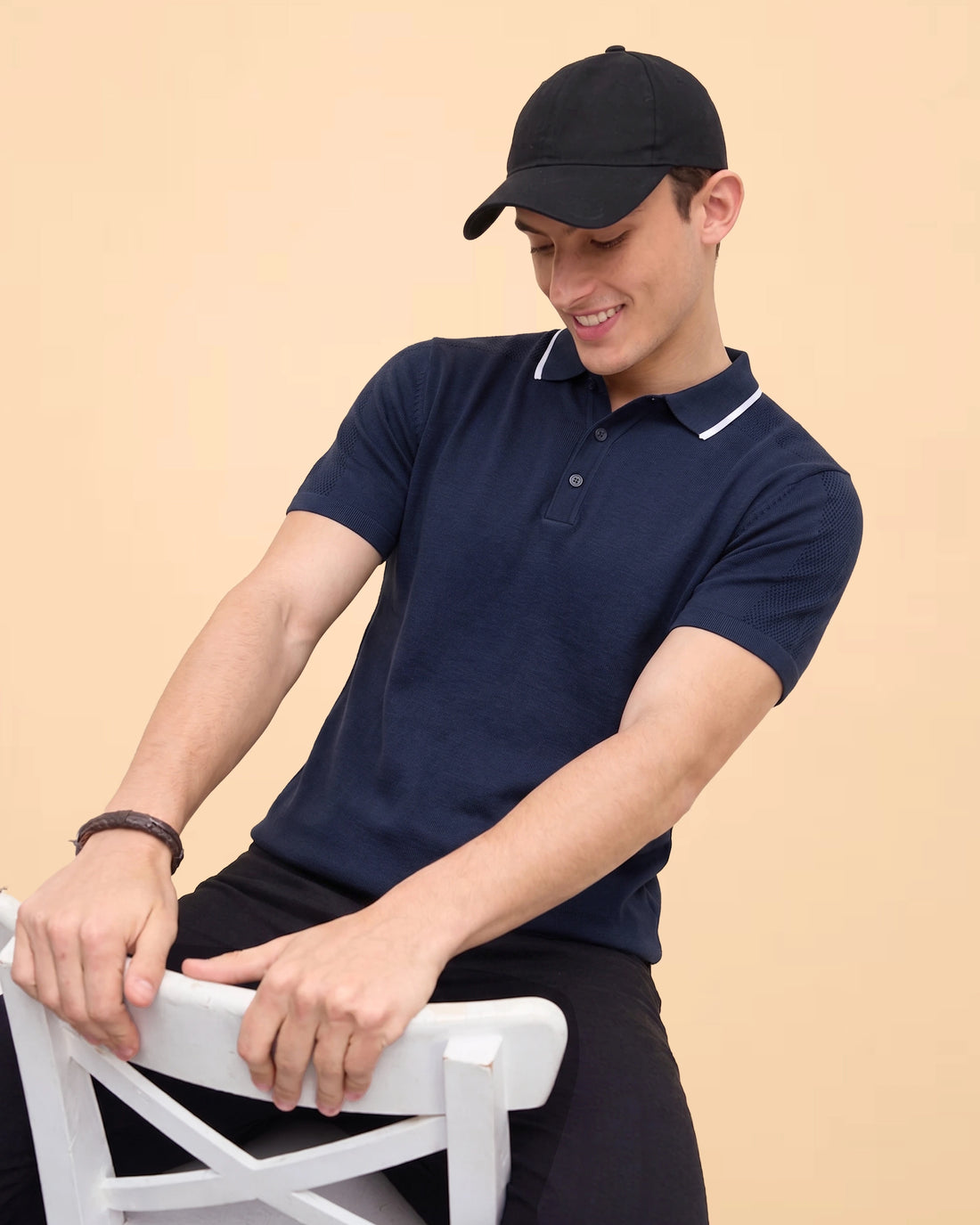 Men’s Textured Knit Pattern Short Sleeve Polo T-Shirt - Navy Blue