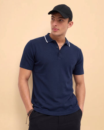 Men’s Textured Knit Pattern Short Sleeve Polo T-Shirt - Navy Blue