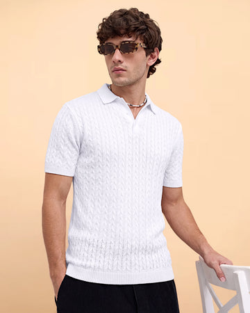 Men’s Textured Cable Knit Short-Sleeve Polo T-Shirt with Collared Neck - White