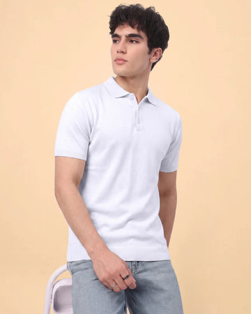 Men’s Native Bull Textured Knit Half Sleeve Polo T-Shirt – White