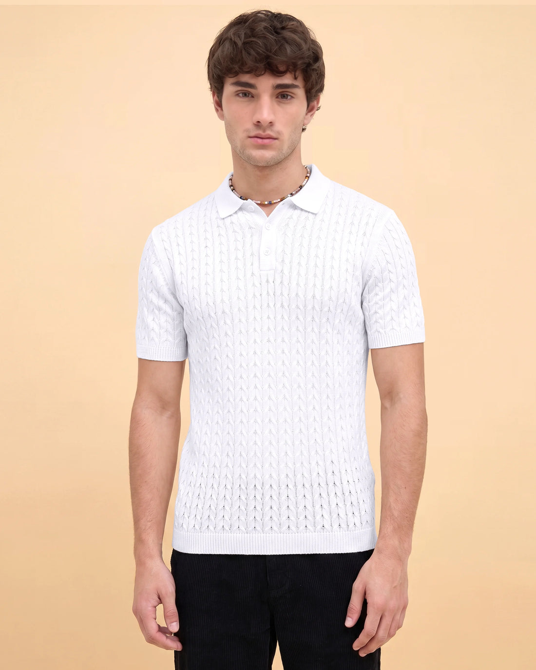 Men’s Textured Cable Knit Short-Sleeve Polo T-Shirt with Collared Neck - White