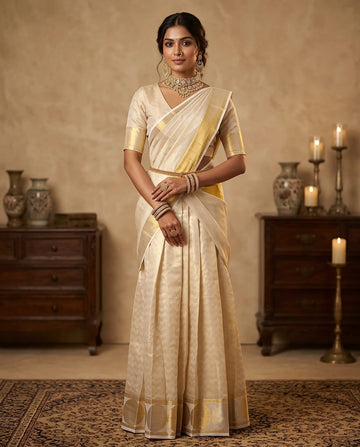 Cotton Semi Stitched Dhavani Set For Women | Festive Wear & Traditional Collection | Jeyachandran - Off White