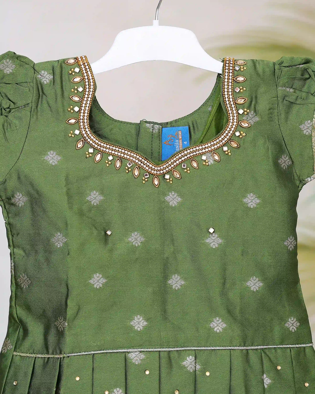 Girls Readymade Pattu Pavadai with Embroidered Blouse Decorative Neckline Pleated Waist Design and Traditional Woven Zari Border Skirt - Green