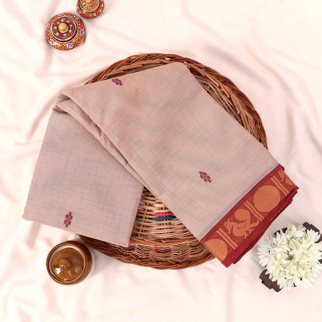 Beige Kanchi Cotton Saree for Women | Festive Traditional Collection | Jeyachandran -Full View
