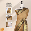 Chettinad cotton saree with zari border in beige and black front draped view with close up detail