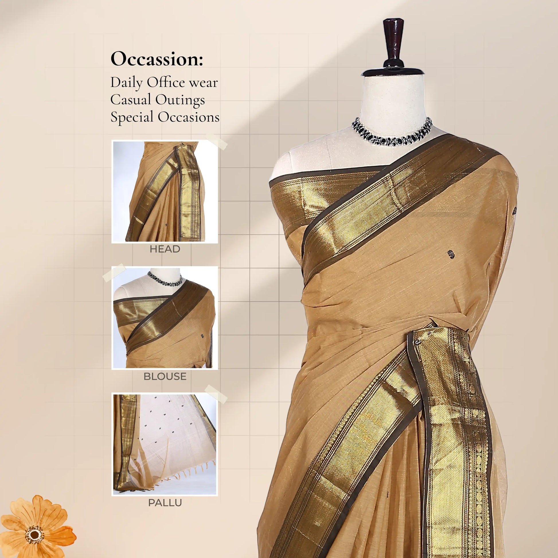Chettinad cotton saree with zari border in beige and black front draped view with close up detail