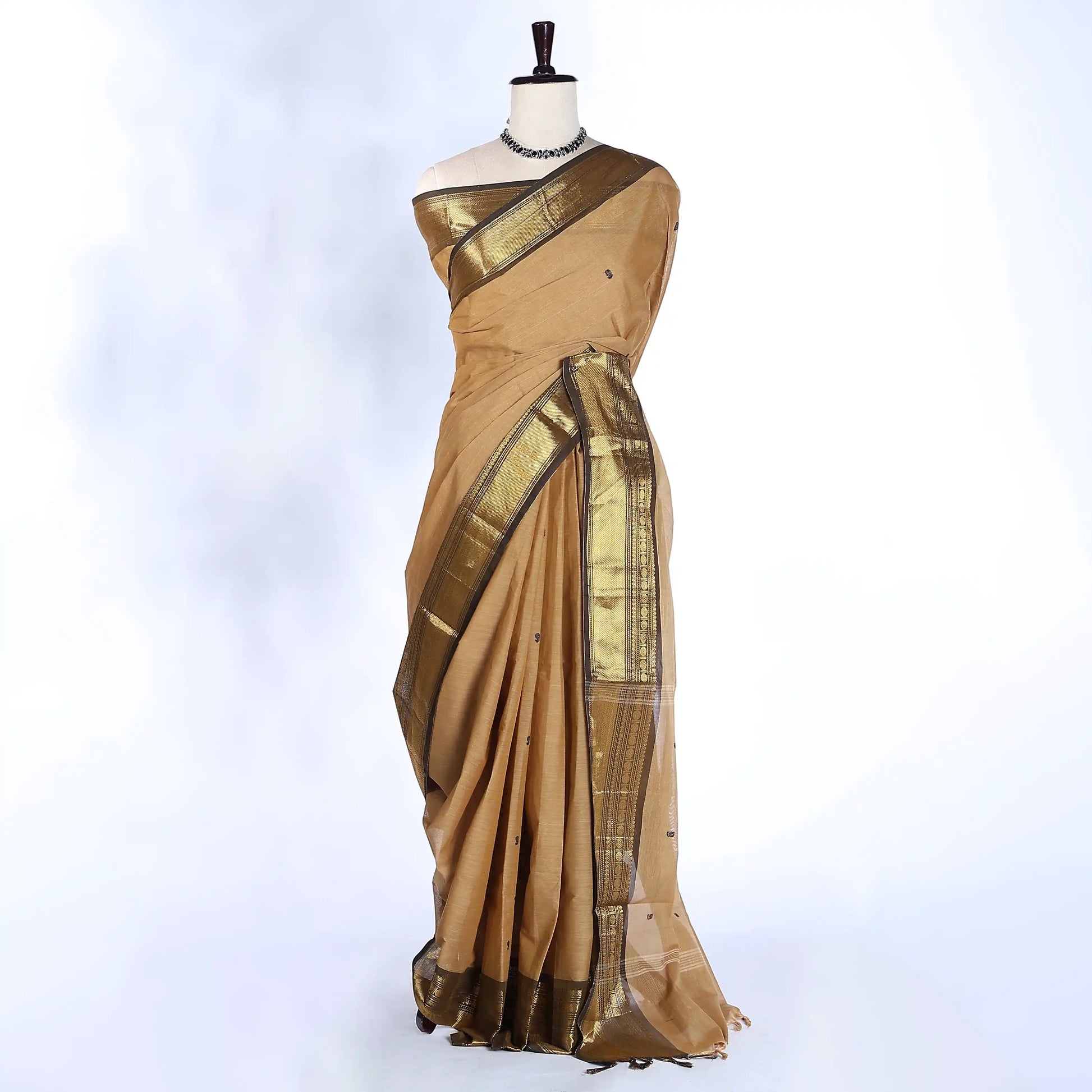 Beige Chettinad Cotton Sarees for Women | Office Wear Daily Wear & Special Occasion | Jeyachandran - Full View