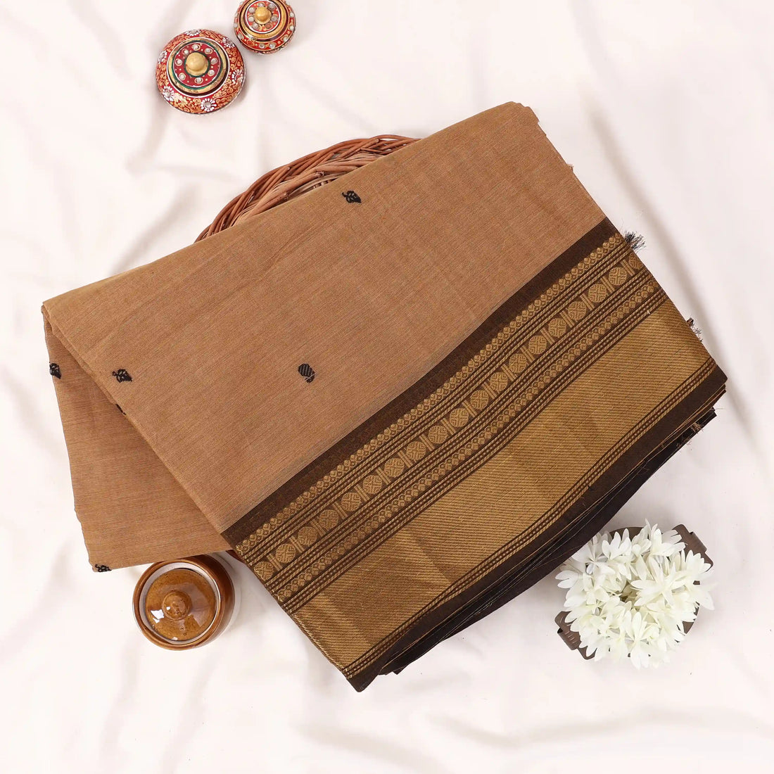 Beige Chettinad Cotton Sarees for Women | Office Wear Daily Wear & Special Occasion | Jeyachandran - Full View