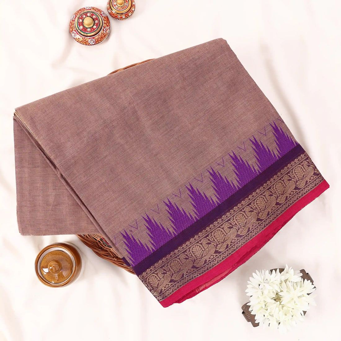 Brown Chettinad Cotton Sarees for Women | Office Wear Daily Wear & Special Occasion | Jeyachandran - Full View