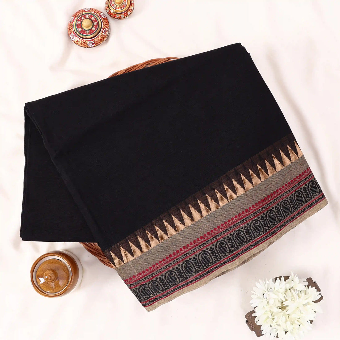 Black Chettinad Cotton Sarees for Women | Office Wear Daily Wear & Special Occasion | Jeyachandran - Full View