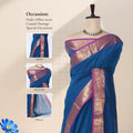 Chettinad cotton saree with blue body contrast purple zari border and butta motifs front draped view on mannequin.