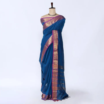 Blue Chettinad Cotton Sarees for Women | Office Wear Daily Wear & Special Occasion | Jeyachandran - Full View