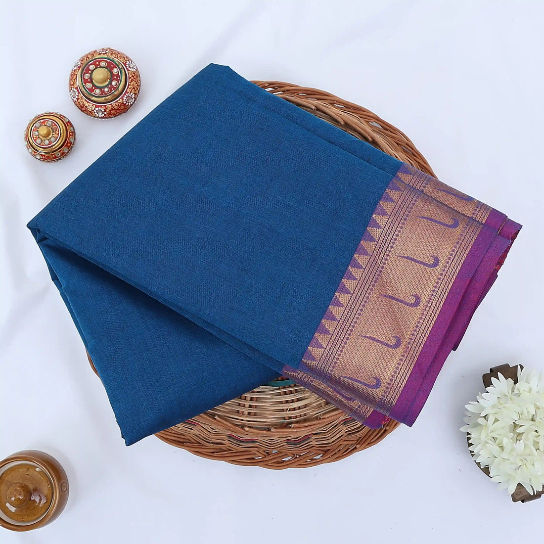 Blue Chettinad Cotton Sarees for Women | Office Wear Daily Wear & Special Occasion | Jeyachandran - Full View