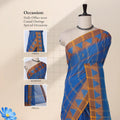 Chettinad cotton saree with temple zari woven border in royal blue and brown front draped view on mannequin