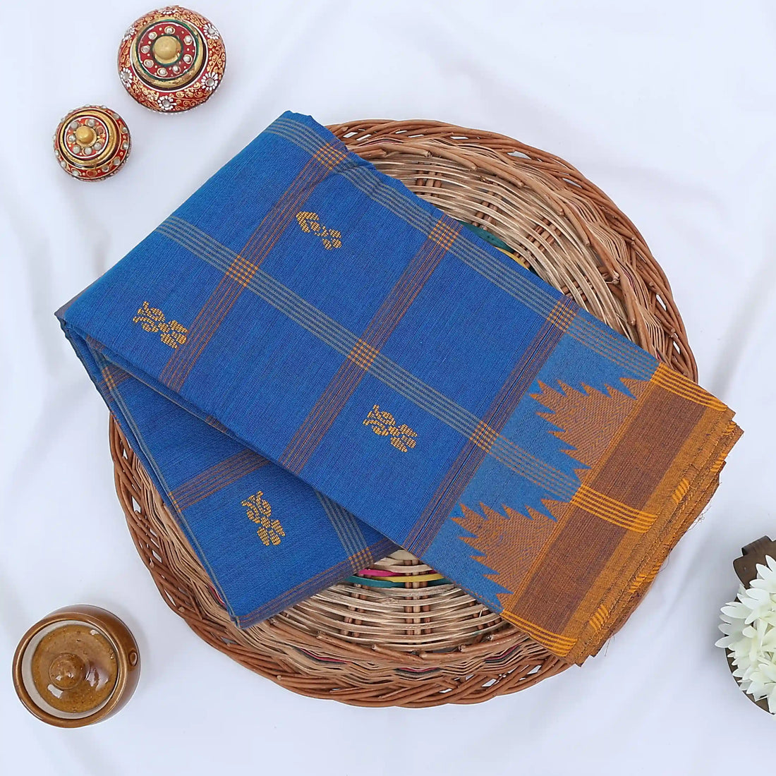 Blue Chettinad Cotton Sarees for Women | Office Wear Daily Wear & Special Occasion | Jeyachandran - Full View