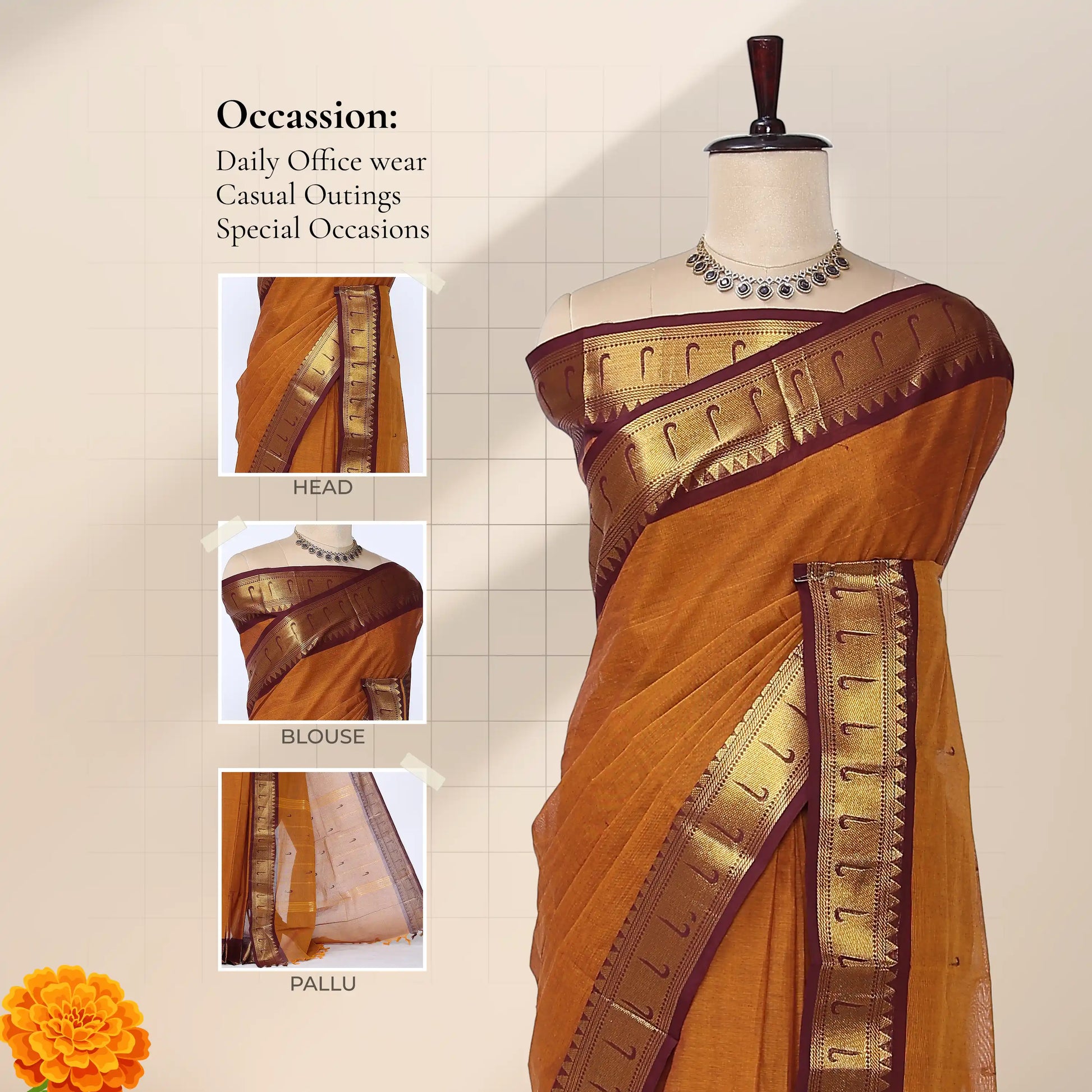Chettinad cotton saree with brown body contrast maroon zari border and butta motifs front draped view on mannequin.