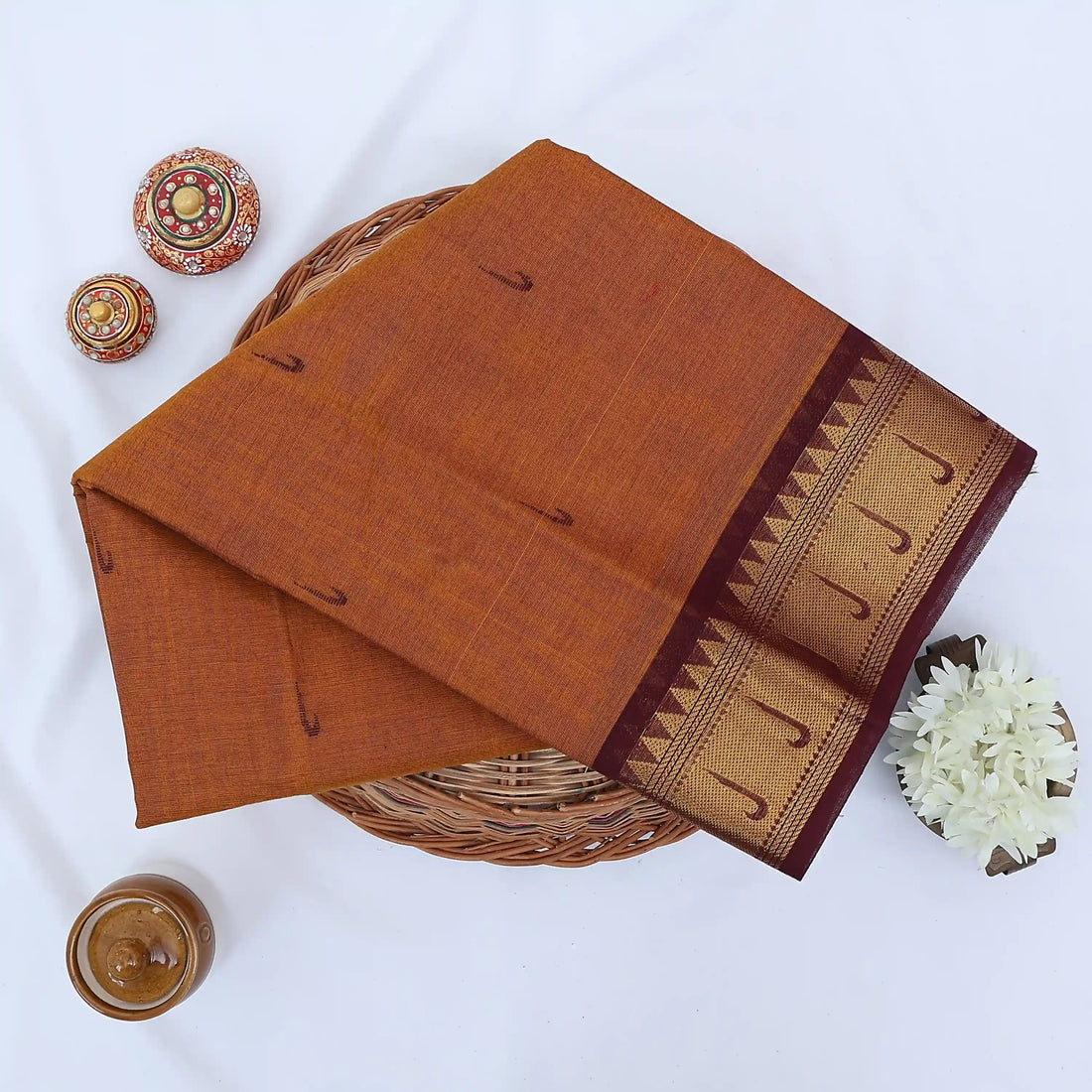 Brown Chettinad Cotton Sarees for Women | Office Wear Daily Wear & Special Occasion | Jeyachandran - Full View