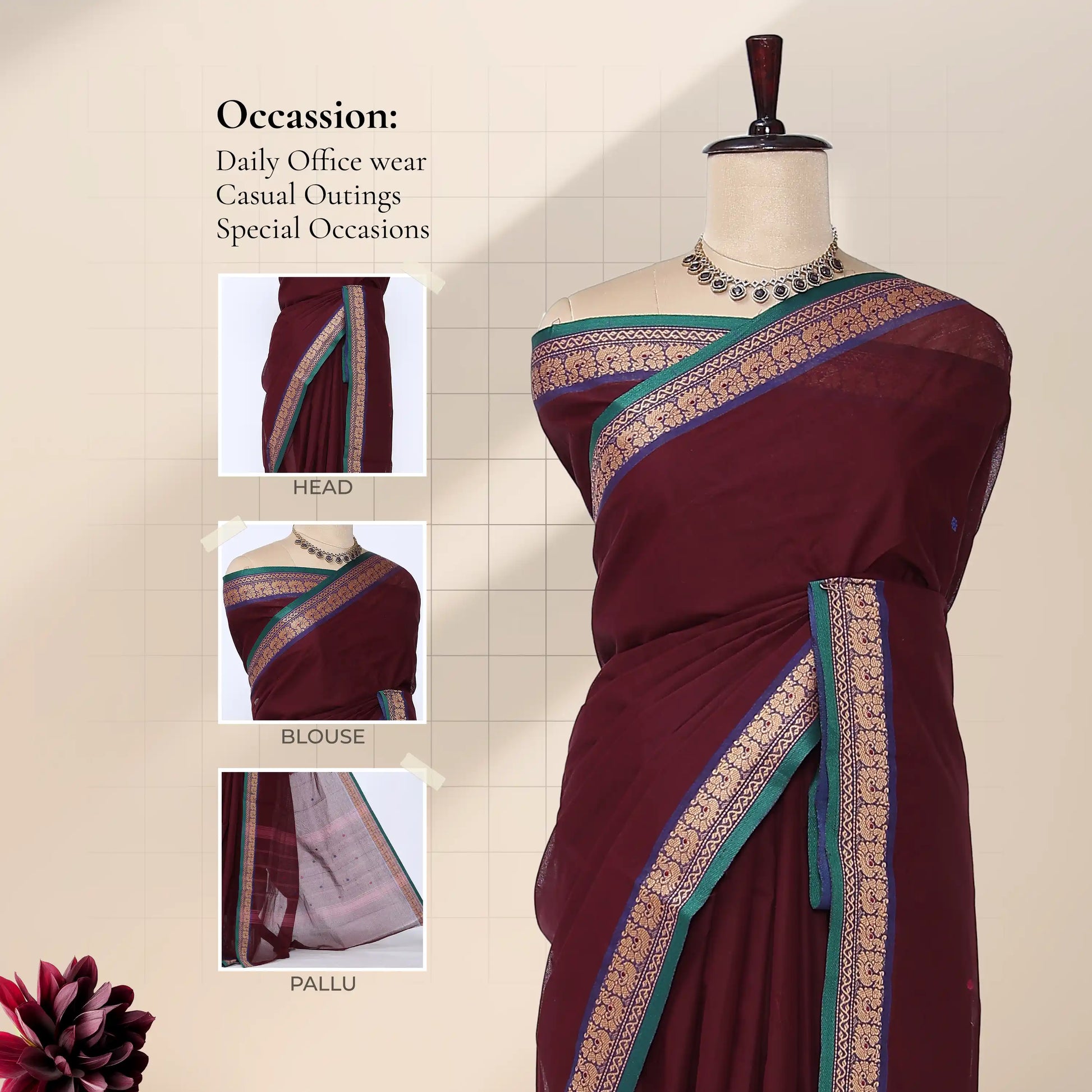 Chettinad cotton saree with maroon plain body peacock zari border and butta motifs front draped view on mannequin.