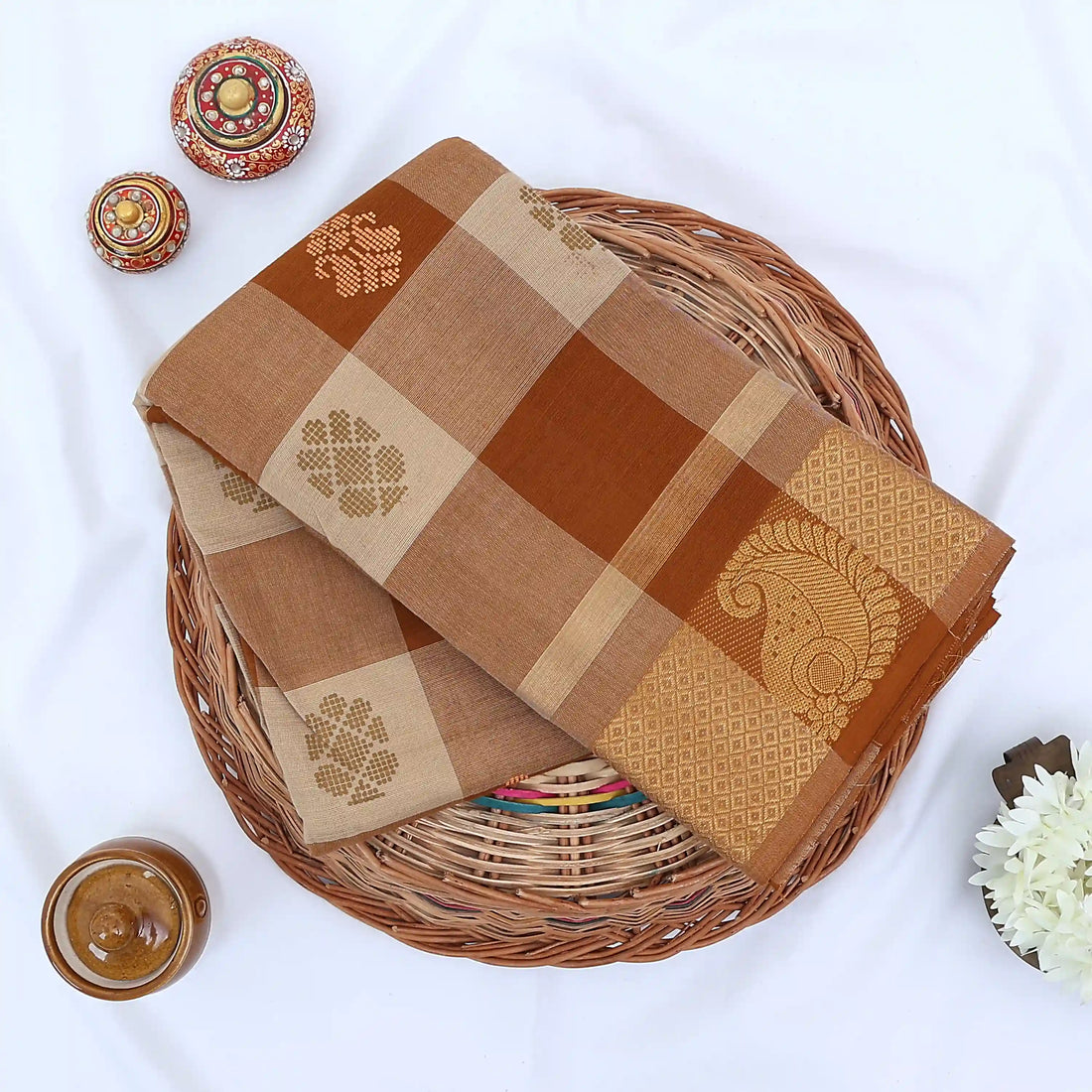 Brown Chettinad Cotton Sarees for Women | Office Wear Daily Wear & Special Occasion | Jeyachandran - Full View