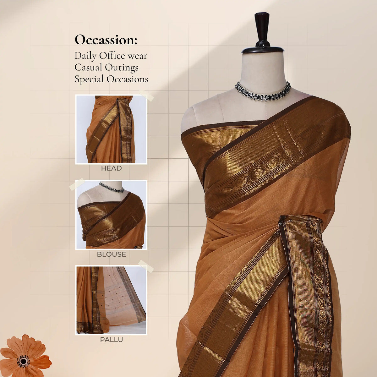 Chettinad cotton saree with dark beige plain body broad black and gold zari border front draped view on mannequin.