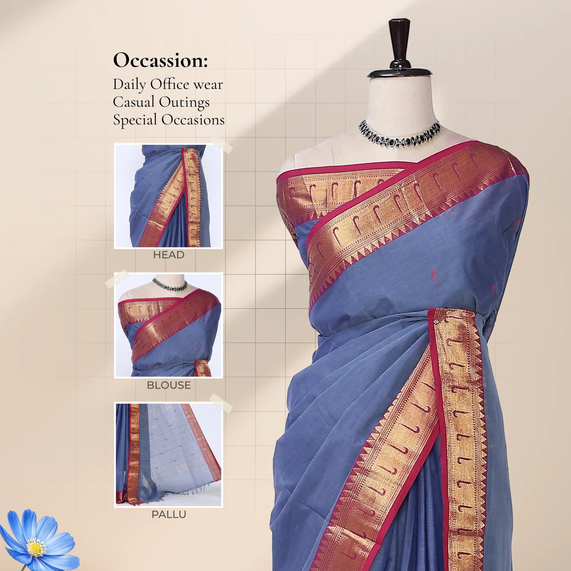 Chettinad cotton saree with blue body contrast maroon zari border and butta motifs front draped view on mannequin.