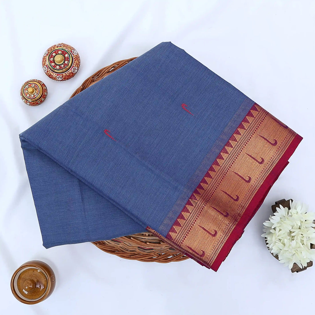 Dark Blue Chettinad Cotton Sarees for Women | Office Wear Daily Wear & Special Occasion | Jeyachandran- Full View