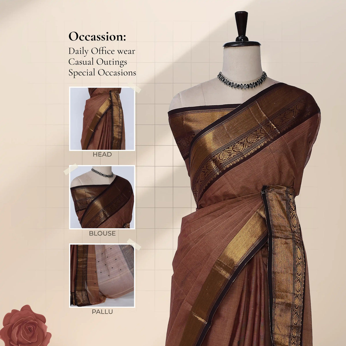Chettinad cotton saree with dark brown plain body broad black and gold zari border front draped view on mannequin.