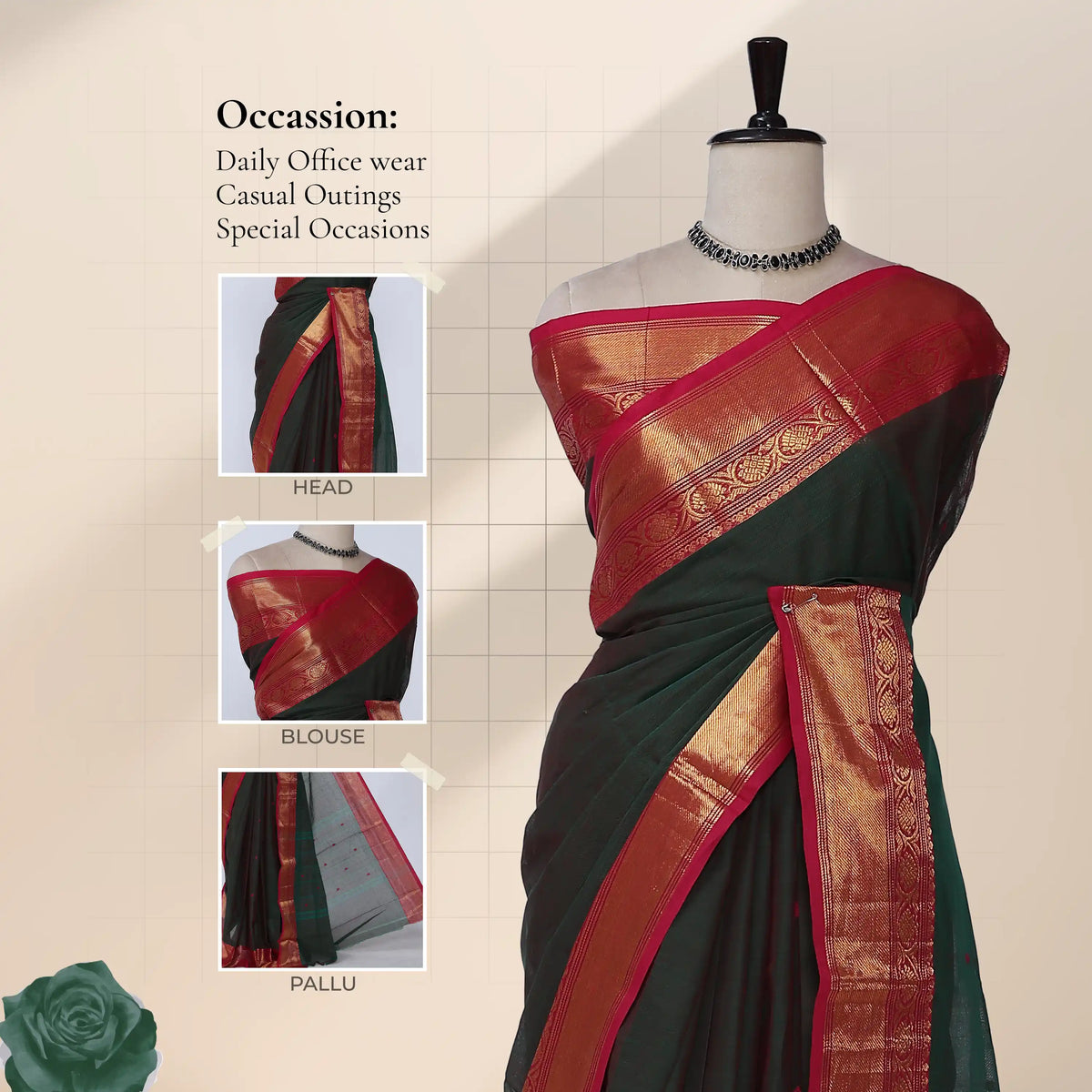 Chettinad cotton saree with dark green plain body broad pink and gold zari border front draped view on mannequin.