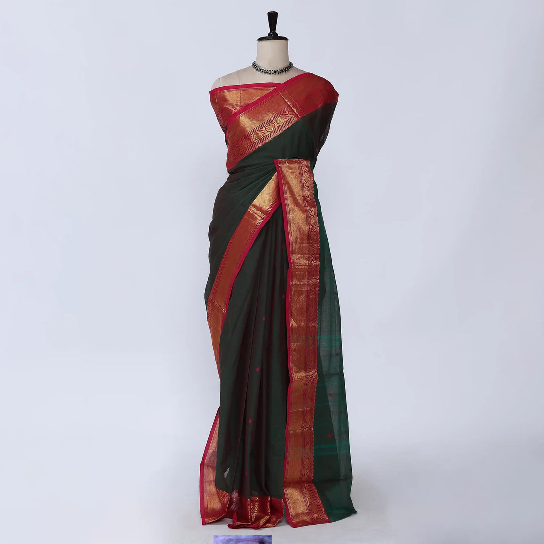 Dark Green Chettinad Cotton Sarees for Women | Office Wear Daily Wear & Special Occasion | Jeyachandran - Full View
