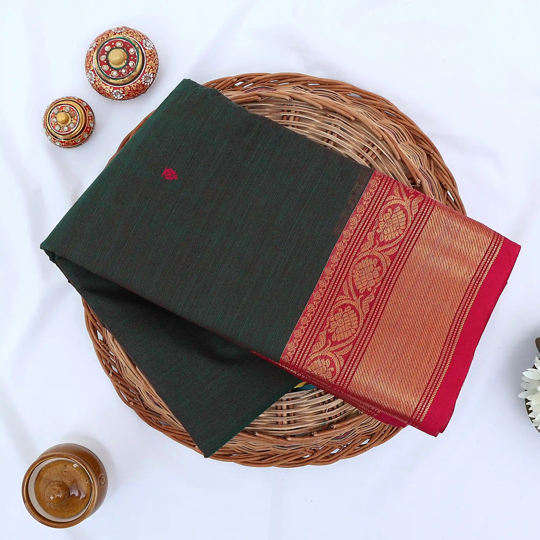 Dark Green Chettinad Cotton Sarees for Women | Office Wear Daily Wear & Special Occasion | Jeyachandran - Full View