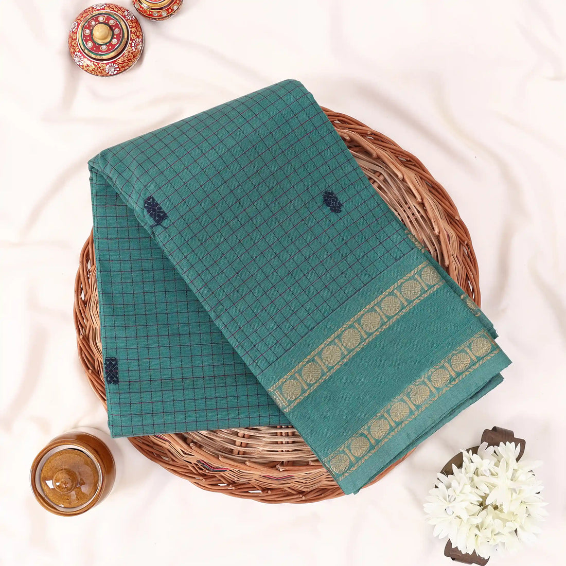Dark Green Chettinad Cotton Sarees for Women | Office Wear Daily Wear & Special Occasion | Jeyachandran - Full View