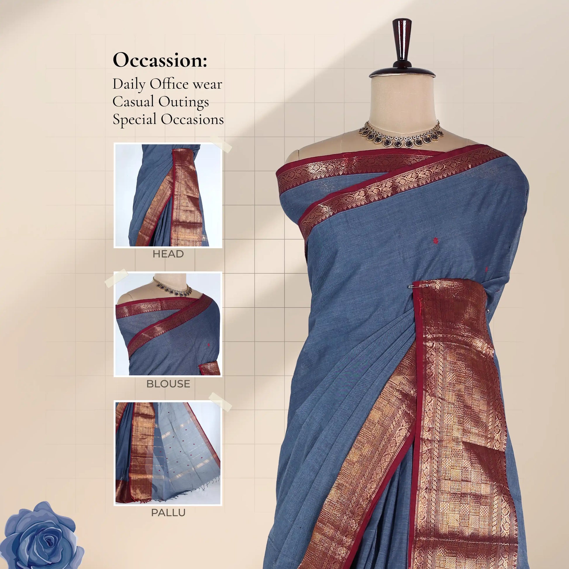 Chettinad cotton saree with grey body contrast maroon gold zari border and butta motifs front mannequin view