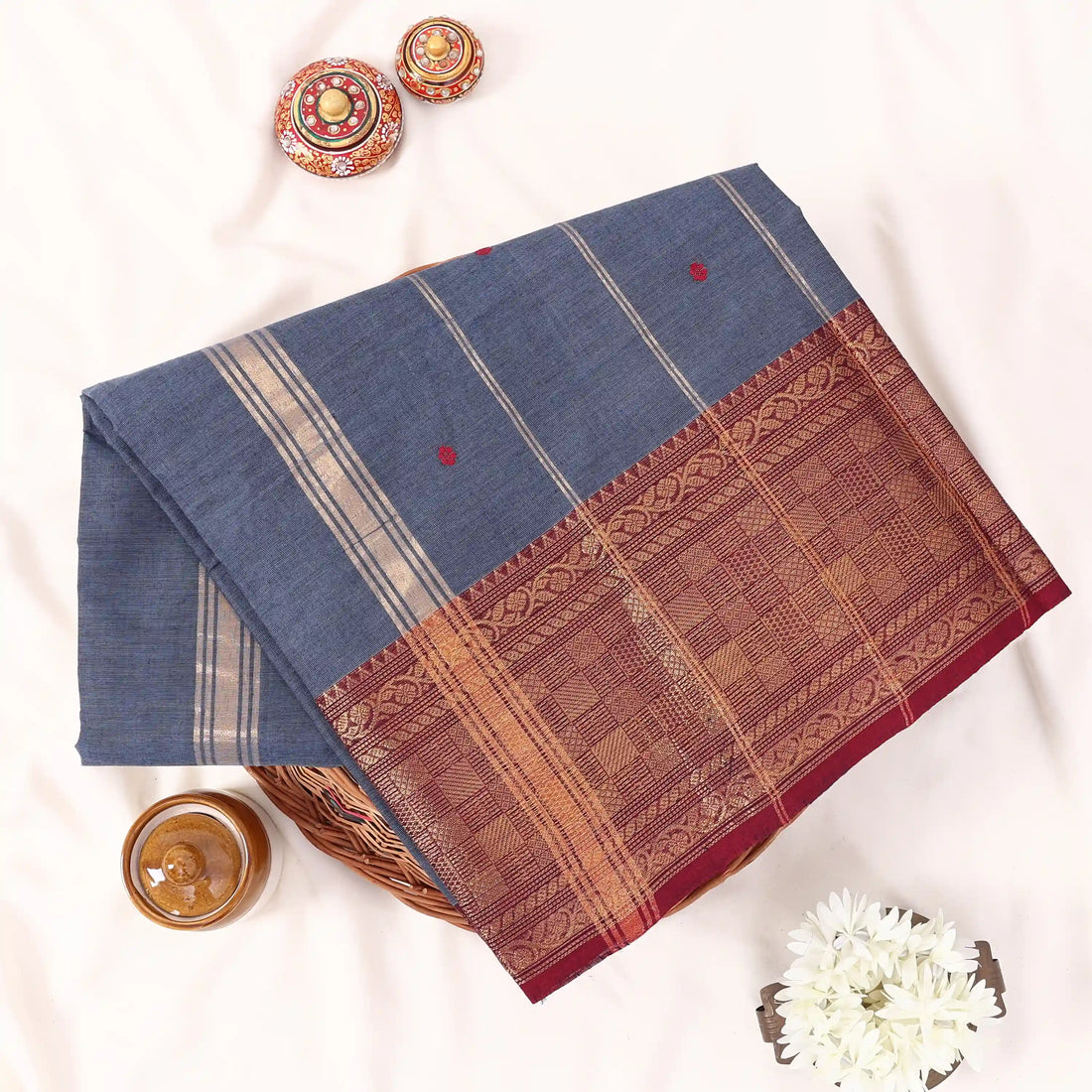 Grey Chettinad Cotton Sarees for Women | Office Wear Daily Wear & Special Occasion | Jeyachandran - Full View