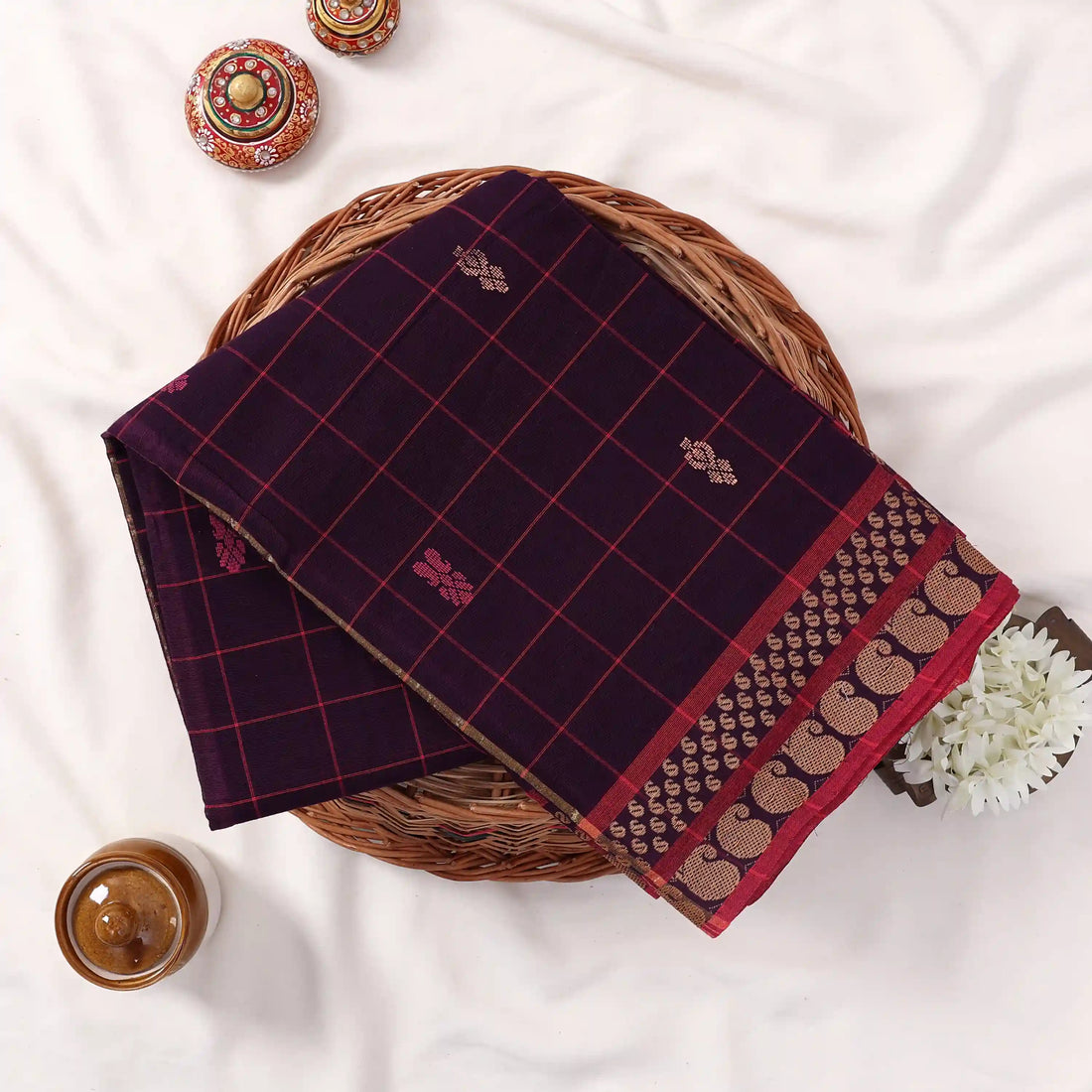 Dark Purple Chettinad Cotton Sarees for Women | Office Wear Daily Wear & Special Occasion | Jeyachandran - Full View