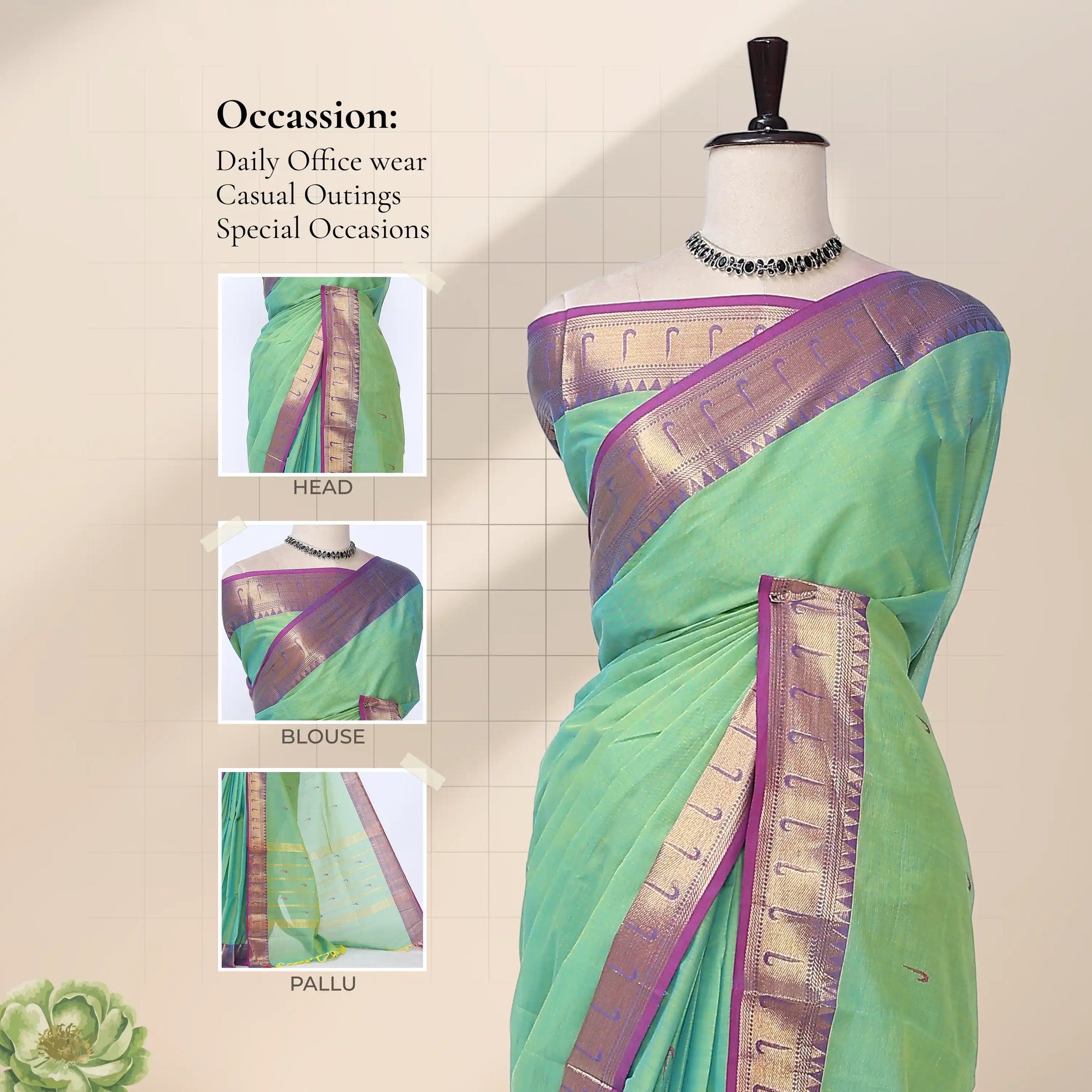Chettinad cotton saree with green body contrast purple zari border and butta motifs front draped view on mannequin.
