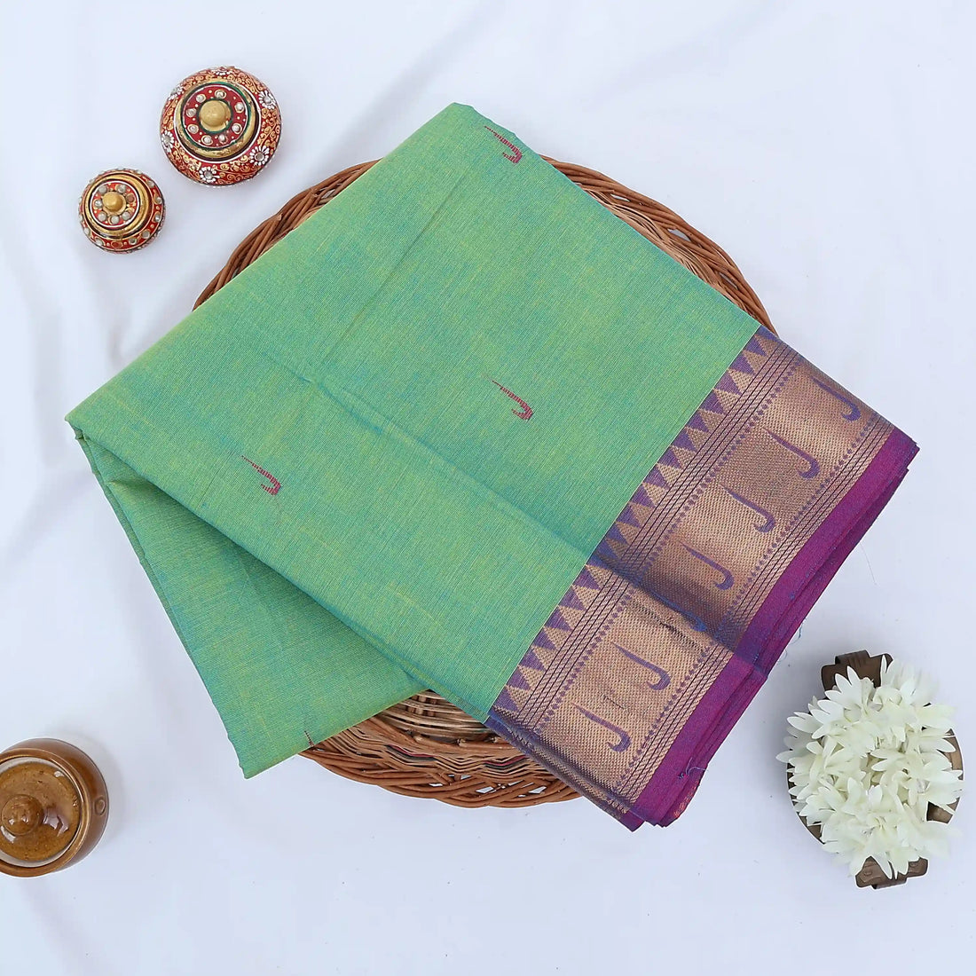 Green Chettinad Cotton Sarees for Women | Office Wear Daily Wear & Special Occasion | Jeyachandran - Full View