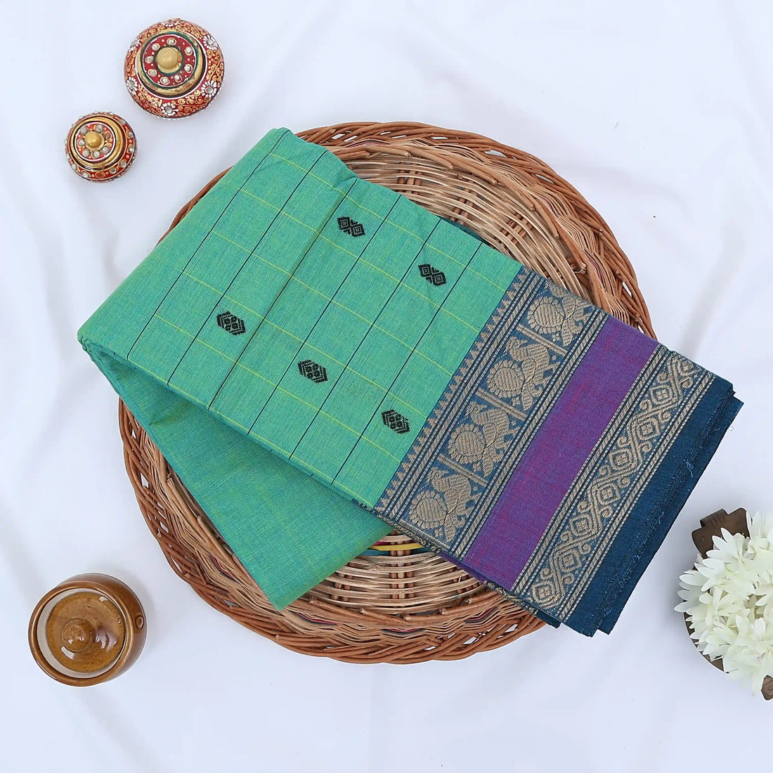 Green Chettinad Cotton Sarees for Women | Office Wear Daily Wear & Special Occasion | Jeyachandran - Full View