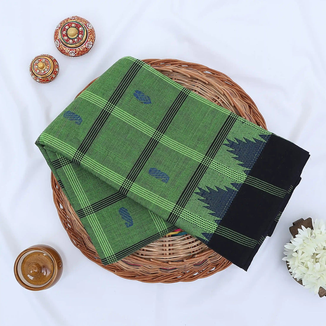 Green Chettinad Cotton Sarees for Women | Office Wear Daily Wear & Special Occasion | Jeyachandran - Full View
