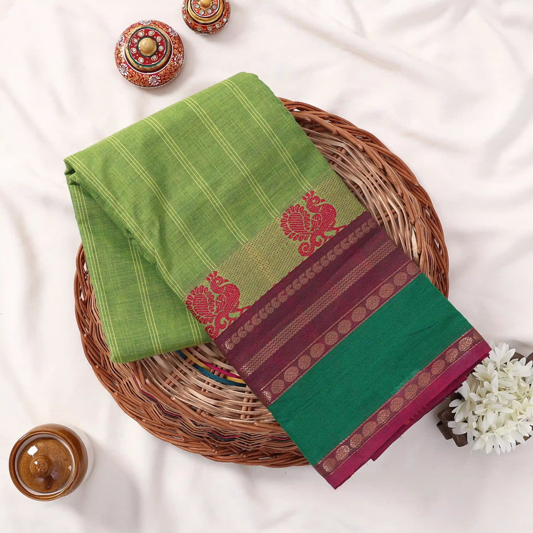 Green Chettinad Cotton Sarees for Women | Office Wear Daily Wear & Special Occasion | Jeyachandran  - Full View