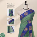Chettinad cotton saree with checked body elephant zari border in green and blue front draped mannequin view.