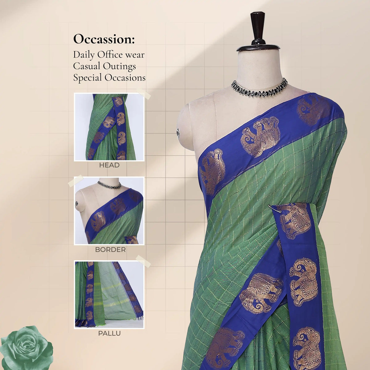 Chettinad cotton saree with checked body elephant zari border in green and blue front draped mannequin view.
