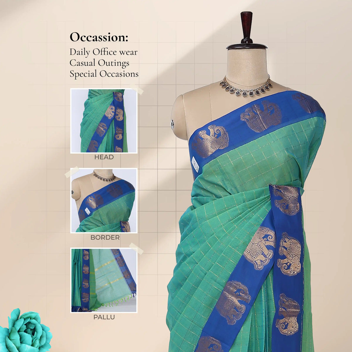 Chettinad cotton saree with checked body elephant zari border in green and blue front draped mannequin view.