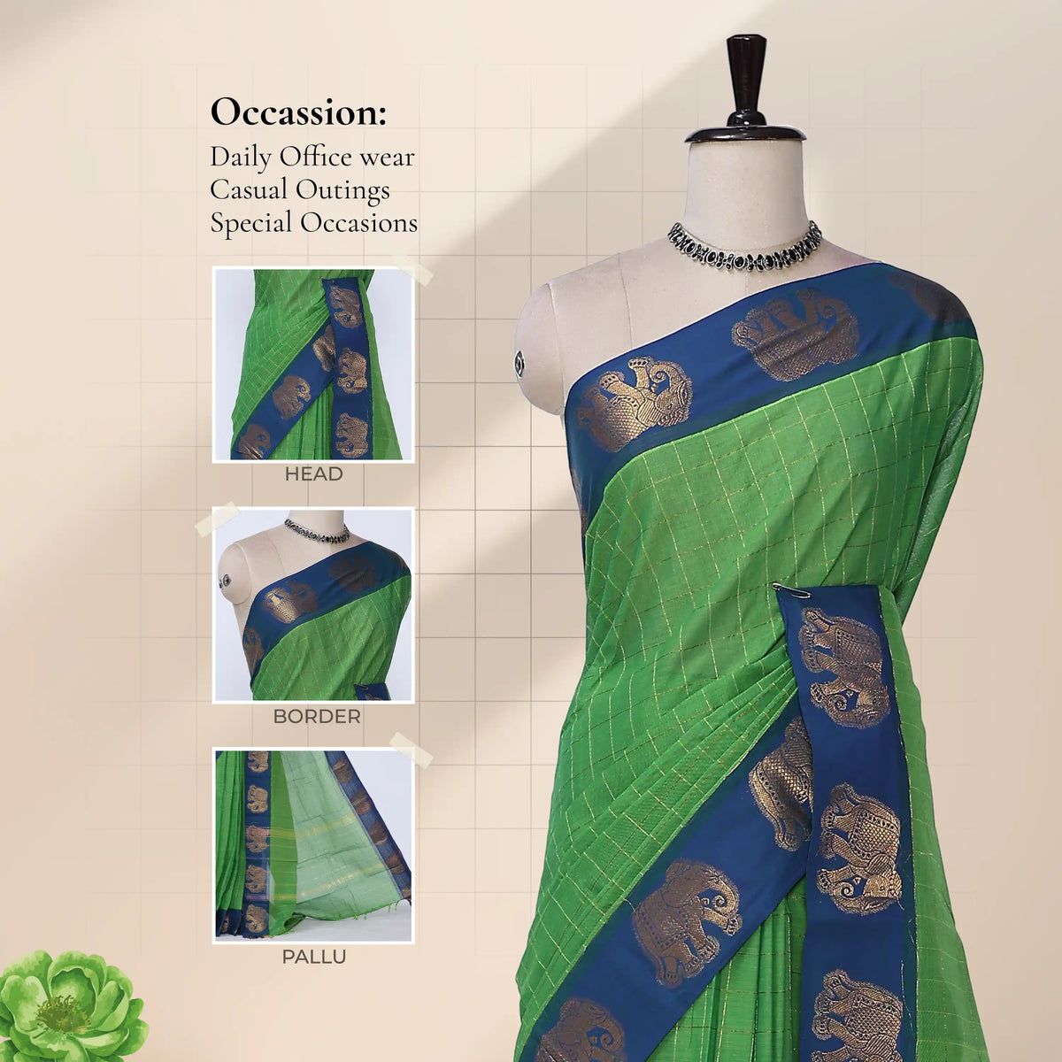 Chettinad cotton saree with checked body elephant zari border in green and teal front draped mannequin view.