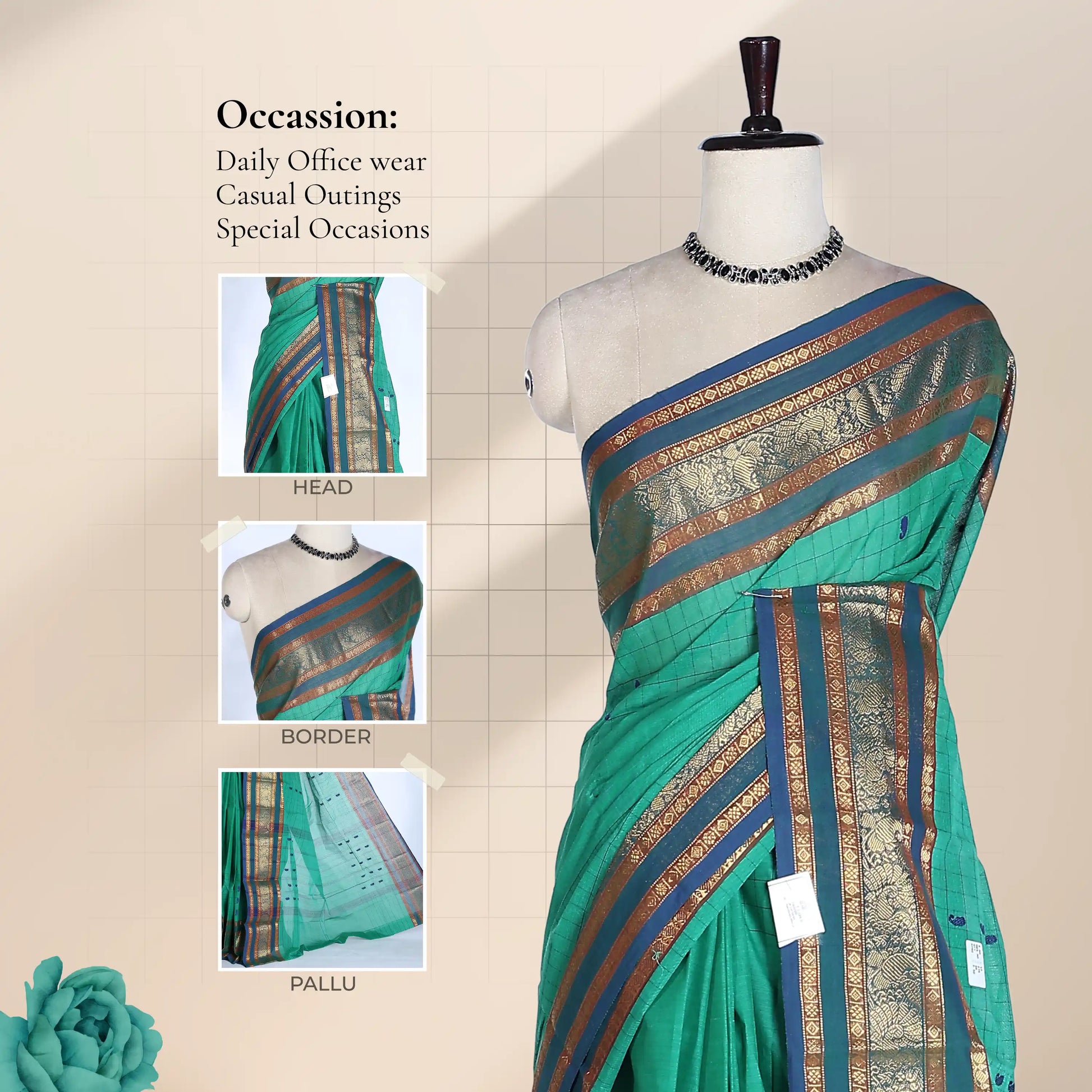 Chettinad cotton saree with striped body peacock zari woven border green tone front draped mannequin view.