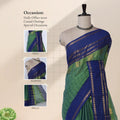 Chettinad cotton saree with zari woven border in green front draped view on mannequin