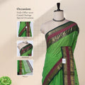 Chettinad cotton saree with checked body peacock zari woven border contrast pallu and front draped mannequin view.