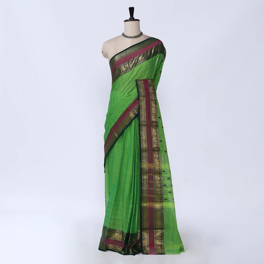 Parrot Green Chettinad Cotton Sarees for Women | Office Wear Daily Wear & Special Occasion | Jeyachandran - Full View